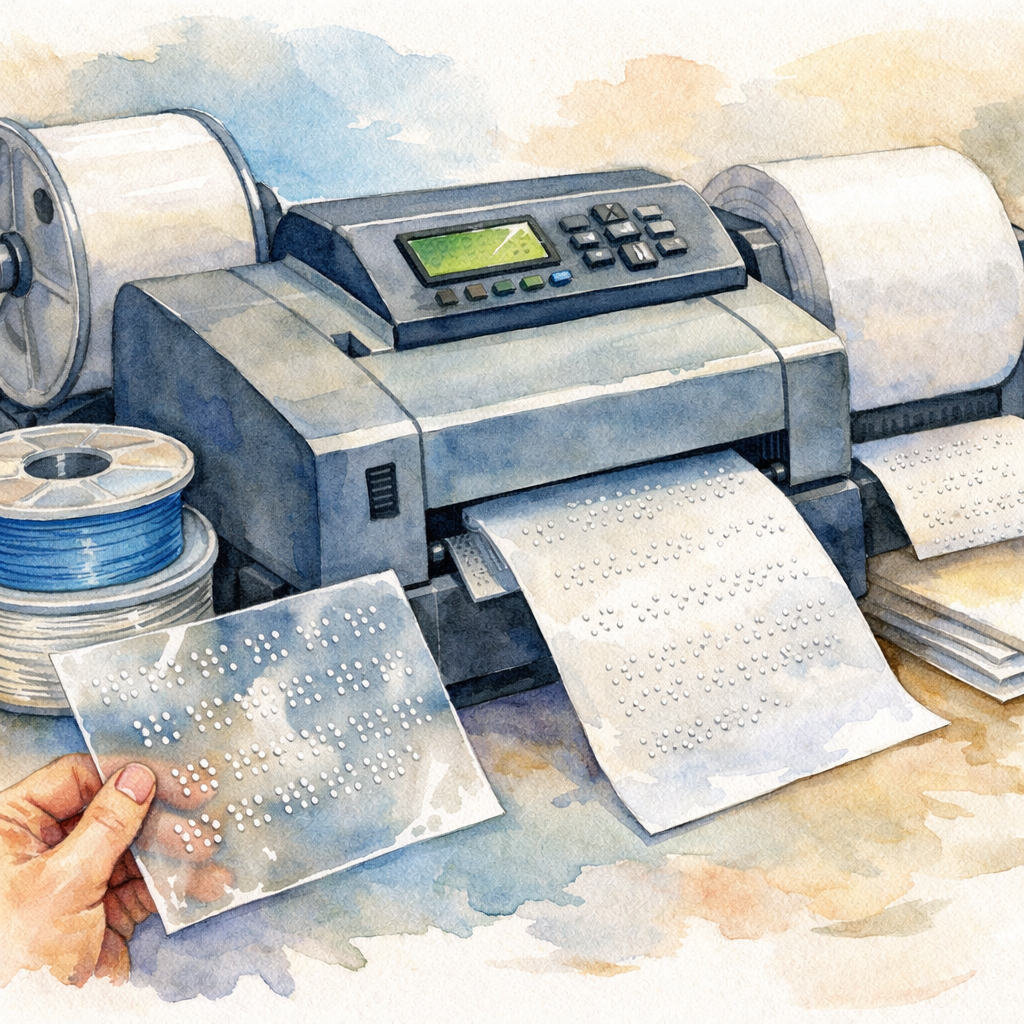 Watercolor illustration of a versatile braille printer working with plastic and paper rolls, showing raised dots forming