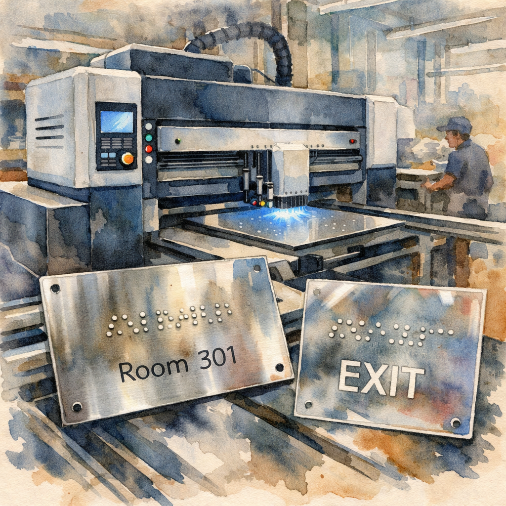 Watercolor scene of a large industrial braille printer printing on metal and acrylic panels, alt: industrial braille pri