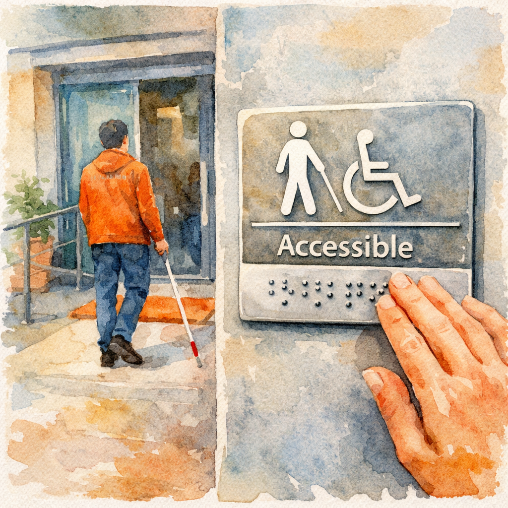 señal Braille estándar en fachada accesible