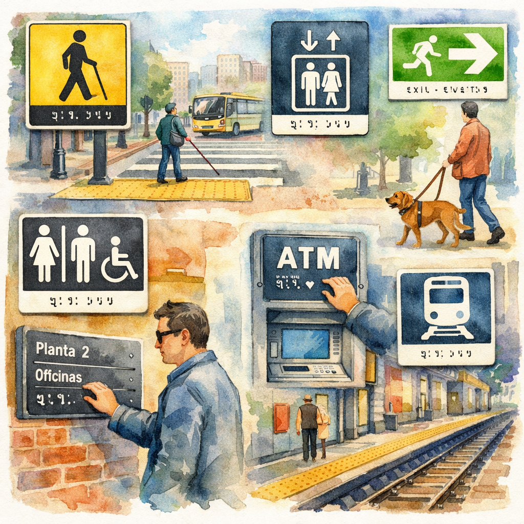A watercolor illustration of tactile signage symbols and braille characters integrated into an urban streetscape, showin