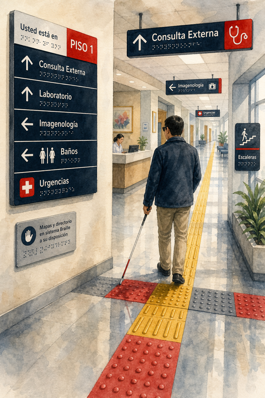 señalización accesible hospitalaria con contraste y relieve