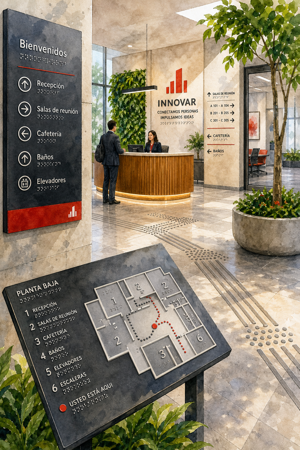 señalética Braille en oficina corporativa con estilo y accesibilidad