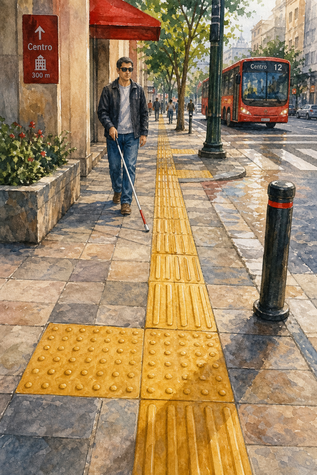 losetas podotáctiles en una acera urbana, guía táctil para personas con discapacidad visual
