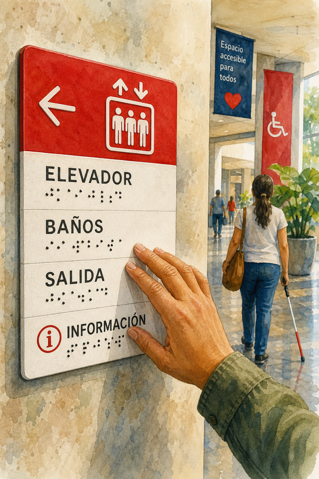 Watercolor illustration of tactile Braille signage on a public hallway wall, showing raised dots and high‑contrast color