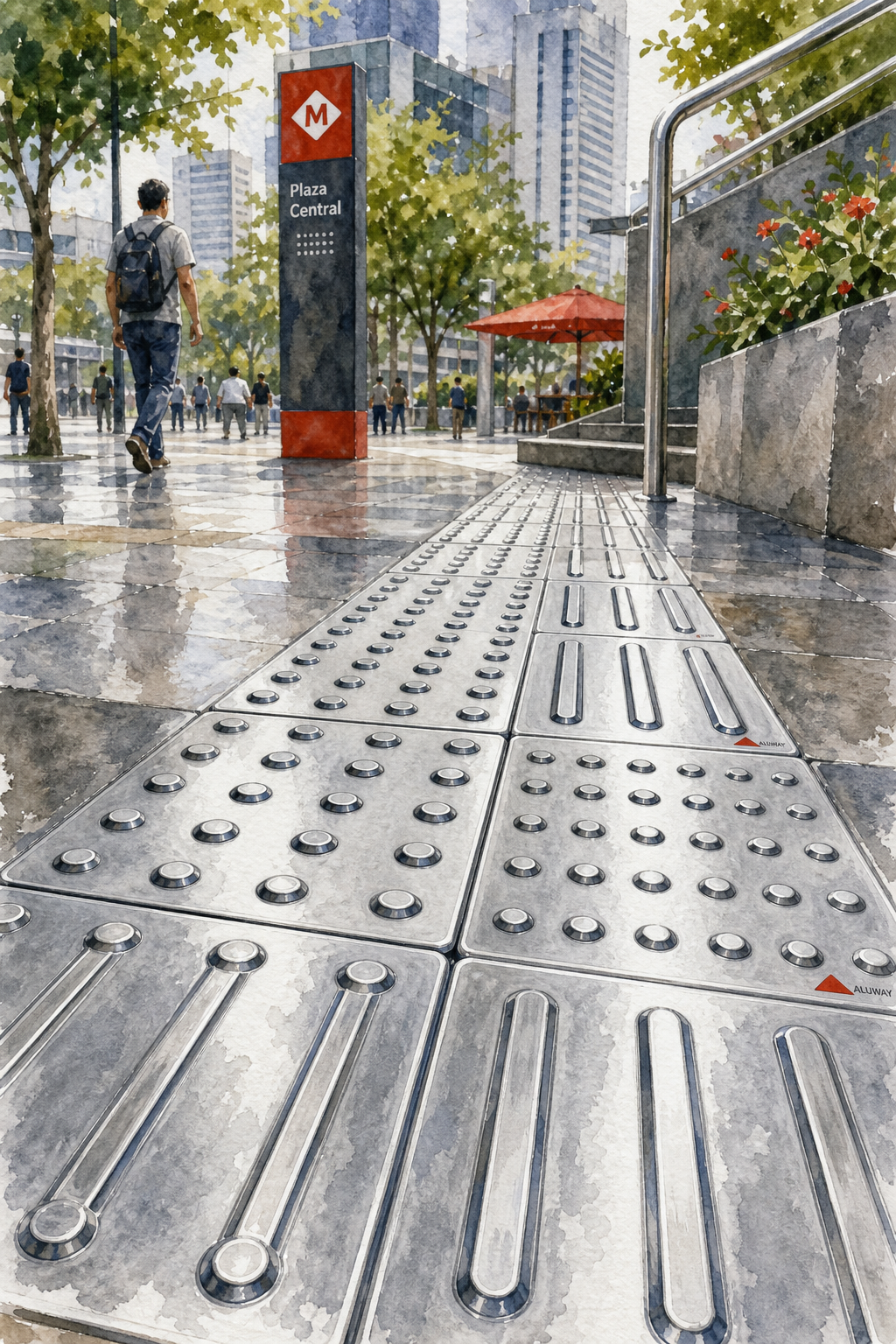 Watercolor illustration of aluminum tactile floor tiles in a city plaza, showing raised tactile patterns and sleek metal