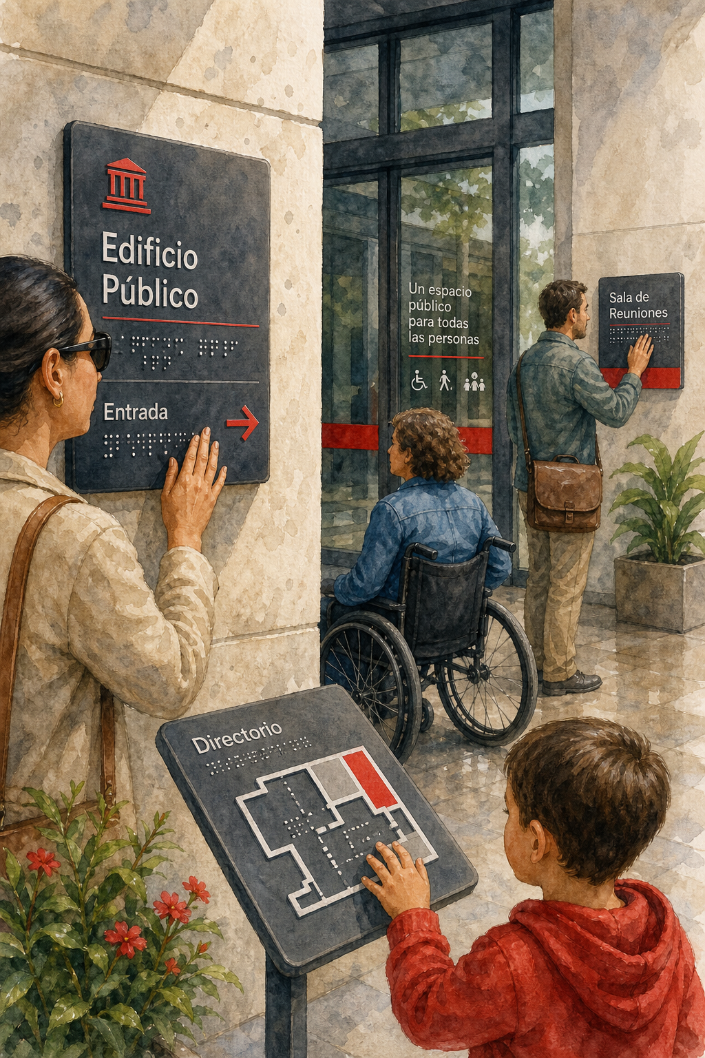 A watercolor illustration of a public building entrance with tactile Braille signs in raised relief, showing diverse peo