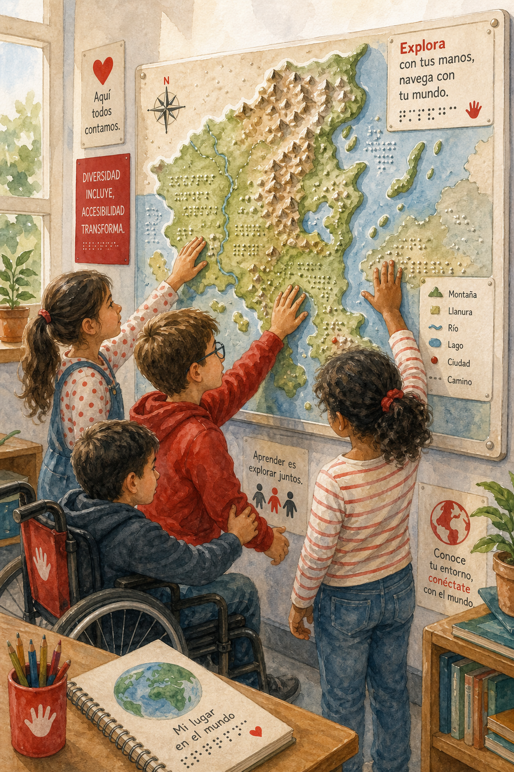 A watercolor scene showing a classroom with a tactile relief map on a wall, children exploring it with their hands, alt: