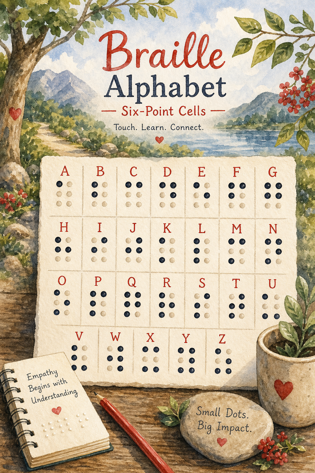 Braille alphabet six‑point cells visual guide