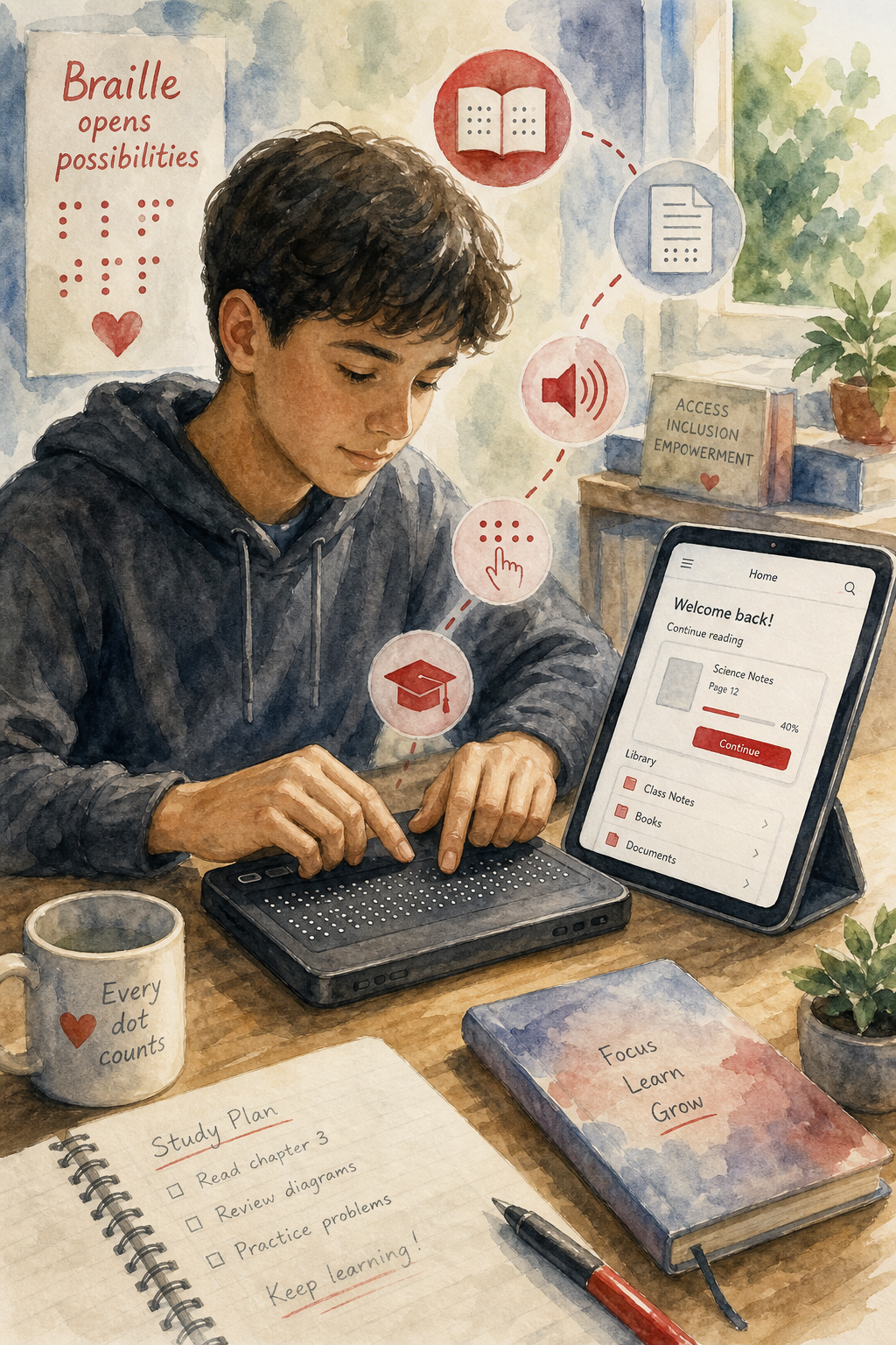 Modern Braille app and device usage illustration