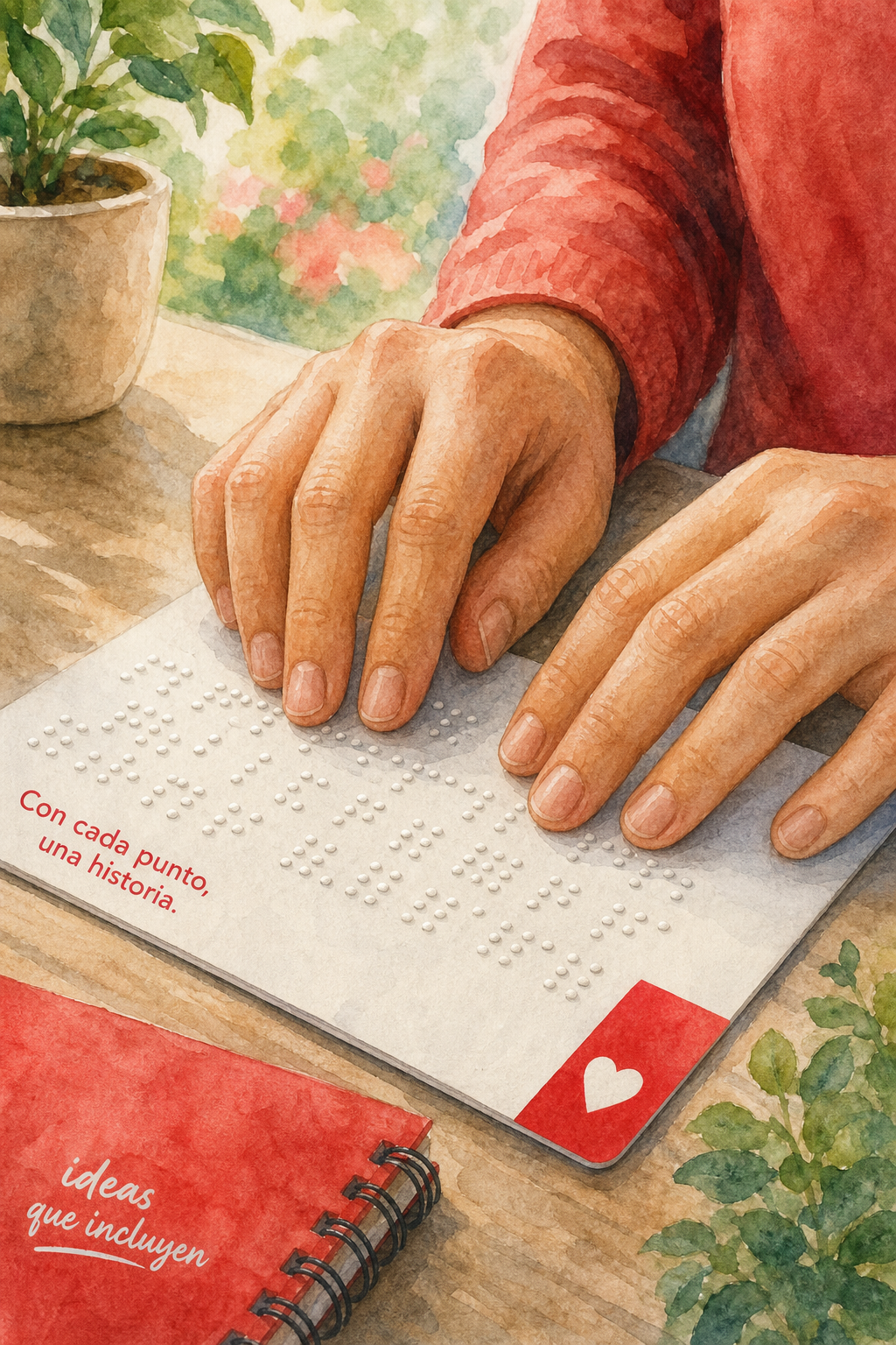 A watercolor illustration of a person gently running their fingers over a tactile Braille card, showing raised dots clea