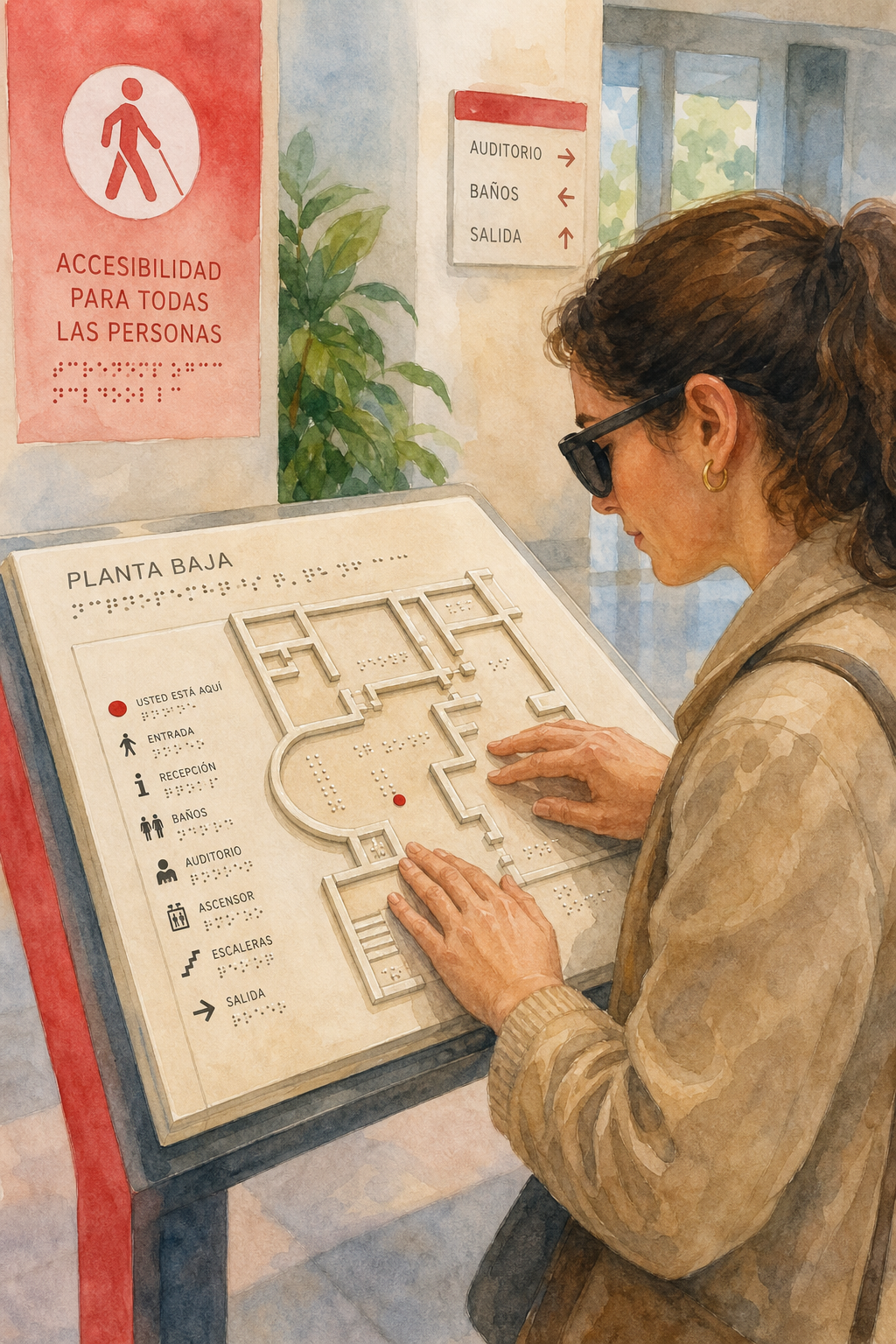 A watercolor scene of a person feeling a raised-relief map of a building floor plan, with clear tactile contours and a s