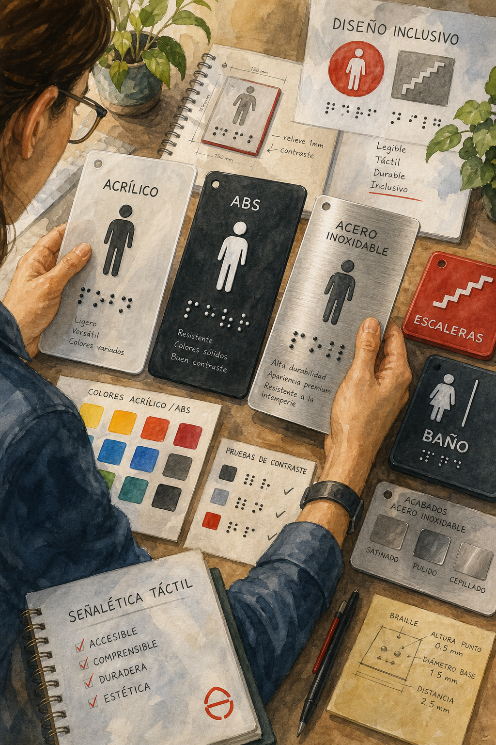 Watercolor illustration of a designer comparing samples of acrylic, ABS, and stainless steel sheets for tactile signage,