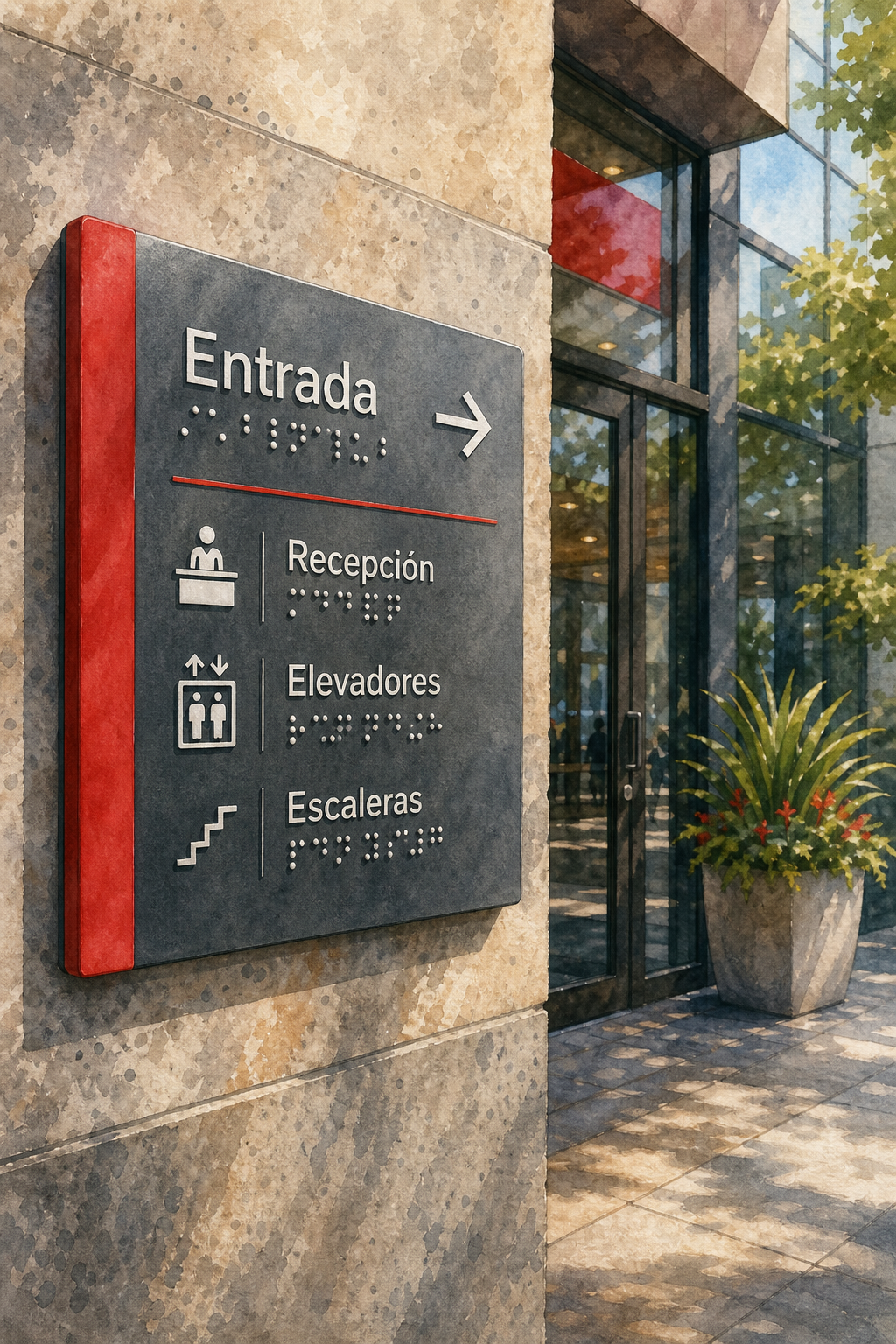 Watercolor illustration of tactile Braille signage on a commercial building facade, alt: señalética táctil braille para