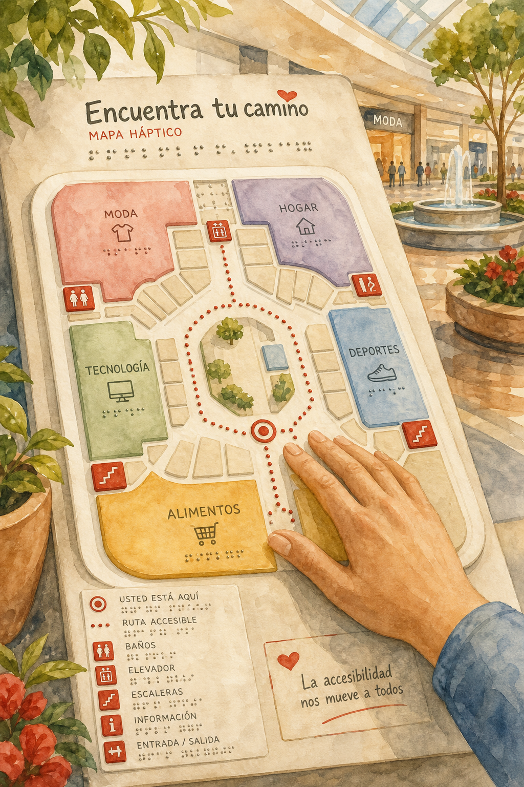 Watercolor map showing haptic wayfinding symbols for a shopping mall, alt: mapas hápticos para accesibilidad visual