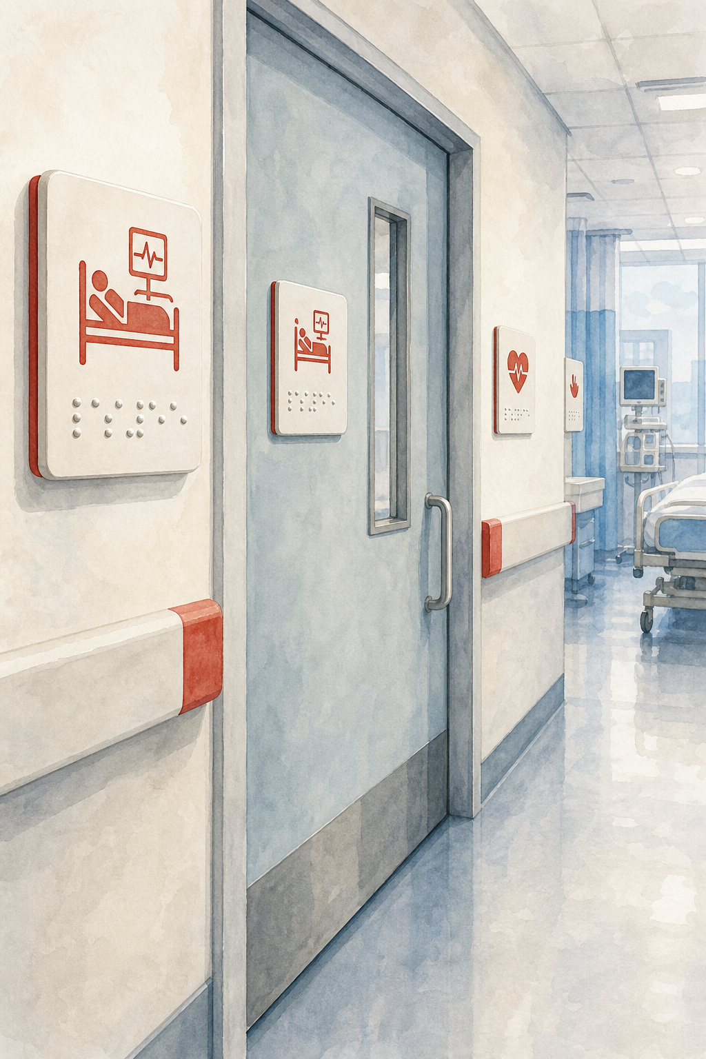 A watercolor illustration of a hospital ICU corridor with tactile Braille signs on doors and walls, showing clear pictog