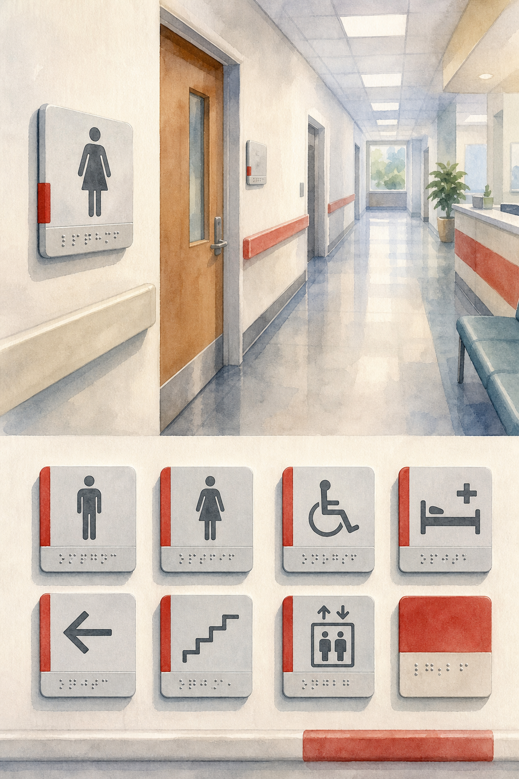 señalética Braille de catálogo para hospitales.