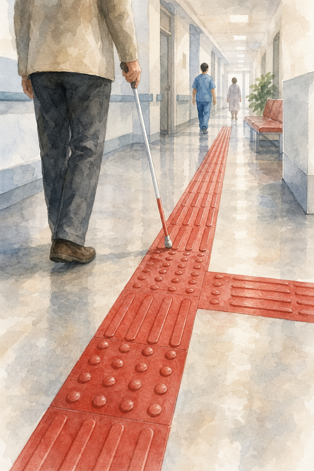 losetas podotáctiles en pasillos de hospital.