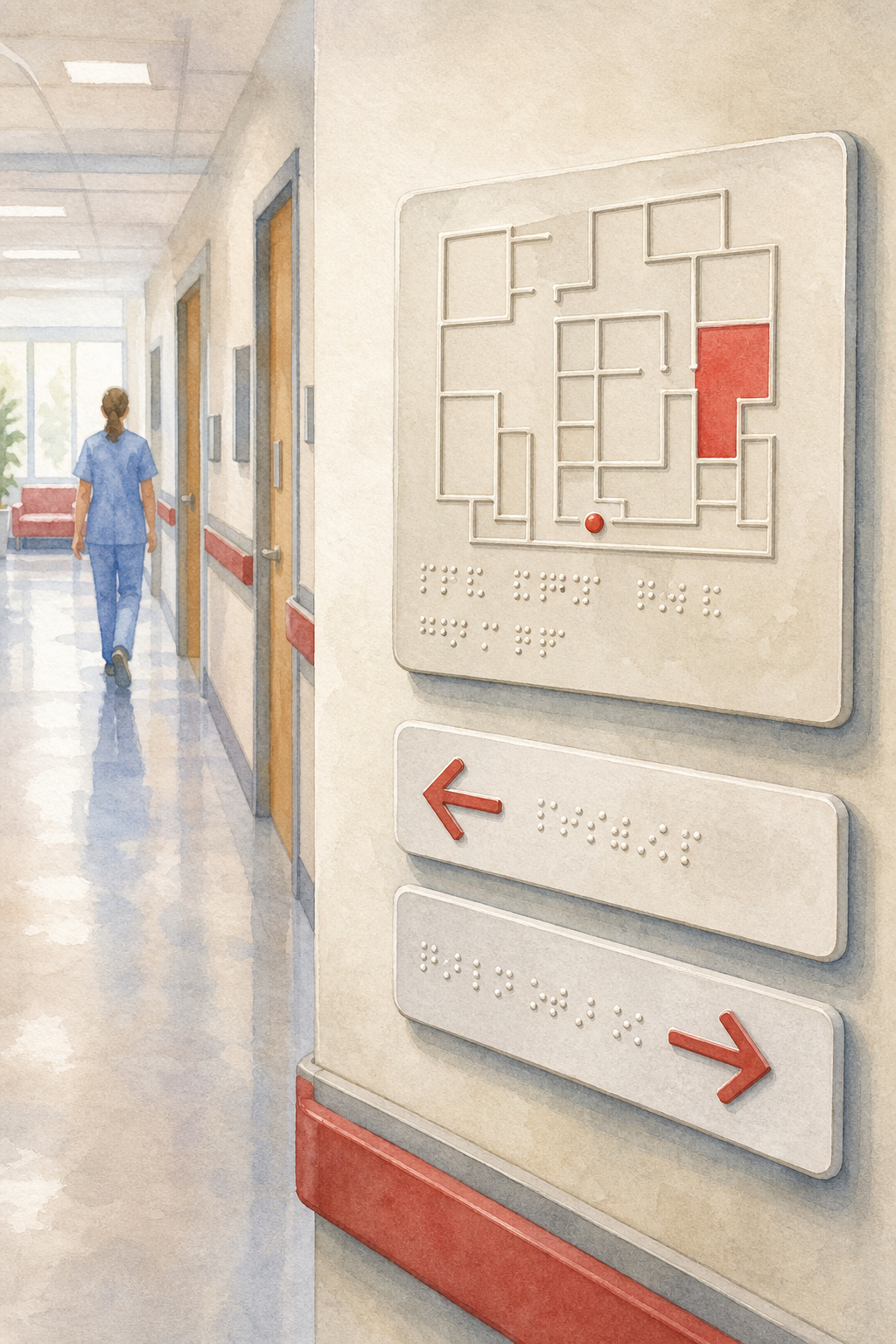 señalética Braille en hospital, señal direccional, mapa háptico