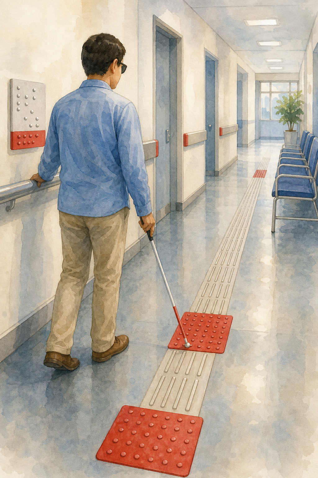 A watercolor illustration of a hospital corridor with tactile braille signs on the walls and floor, showing a visually i