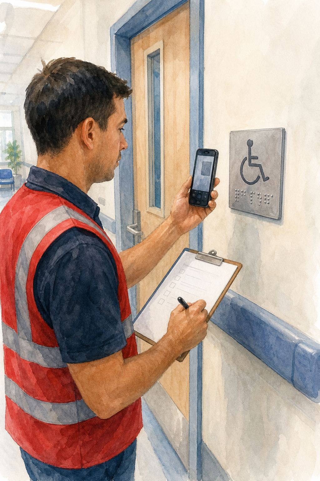A watercolor scene of a technician reviewing a checklist and taking photos of braille signs on a hospital wall, alt: doc