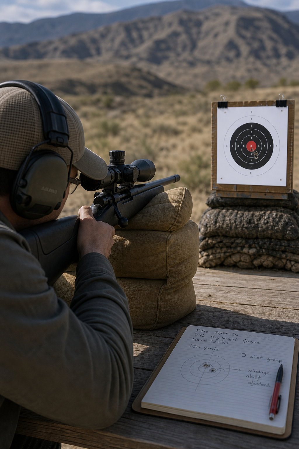three‑shot group and windage adjustment for rifle sight‑in