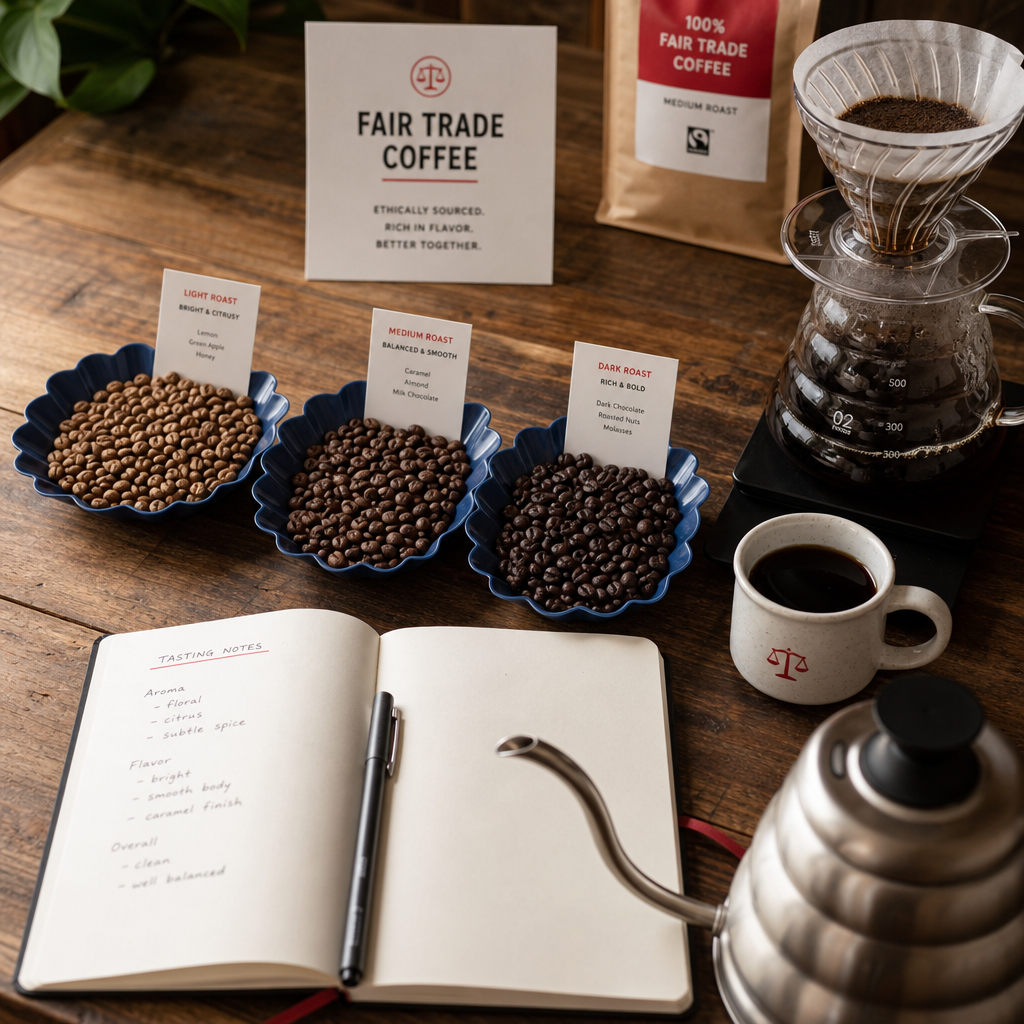 fair trade coffee tasting setup highlighting aroma and flavor notes.