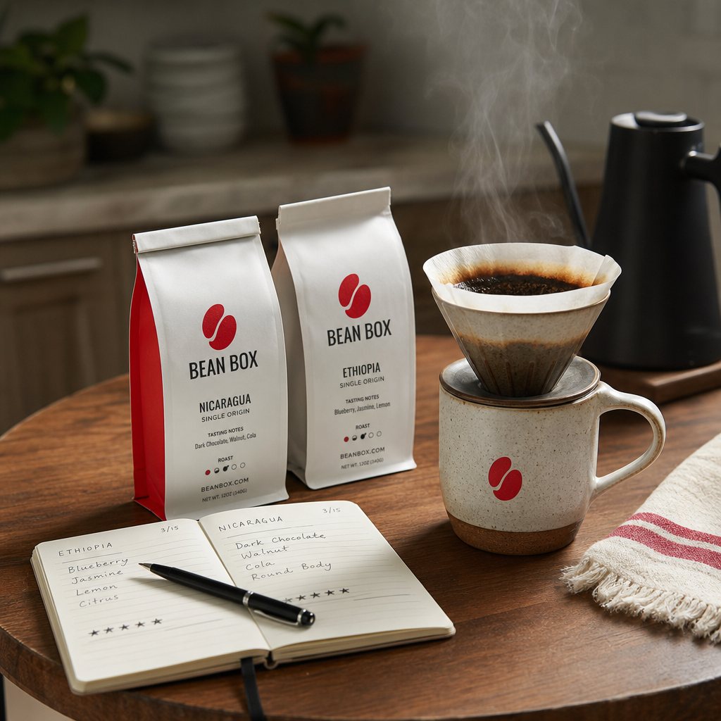 bean box monthly delivery showing tasting notes and sustainable packaging.