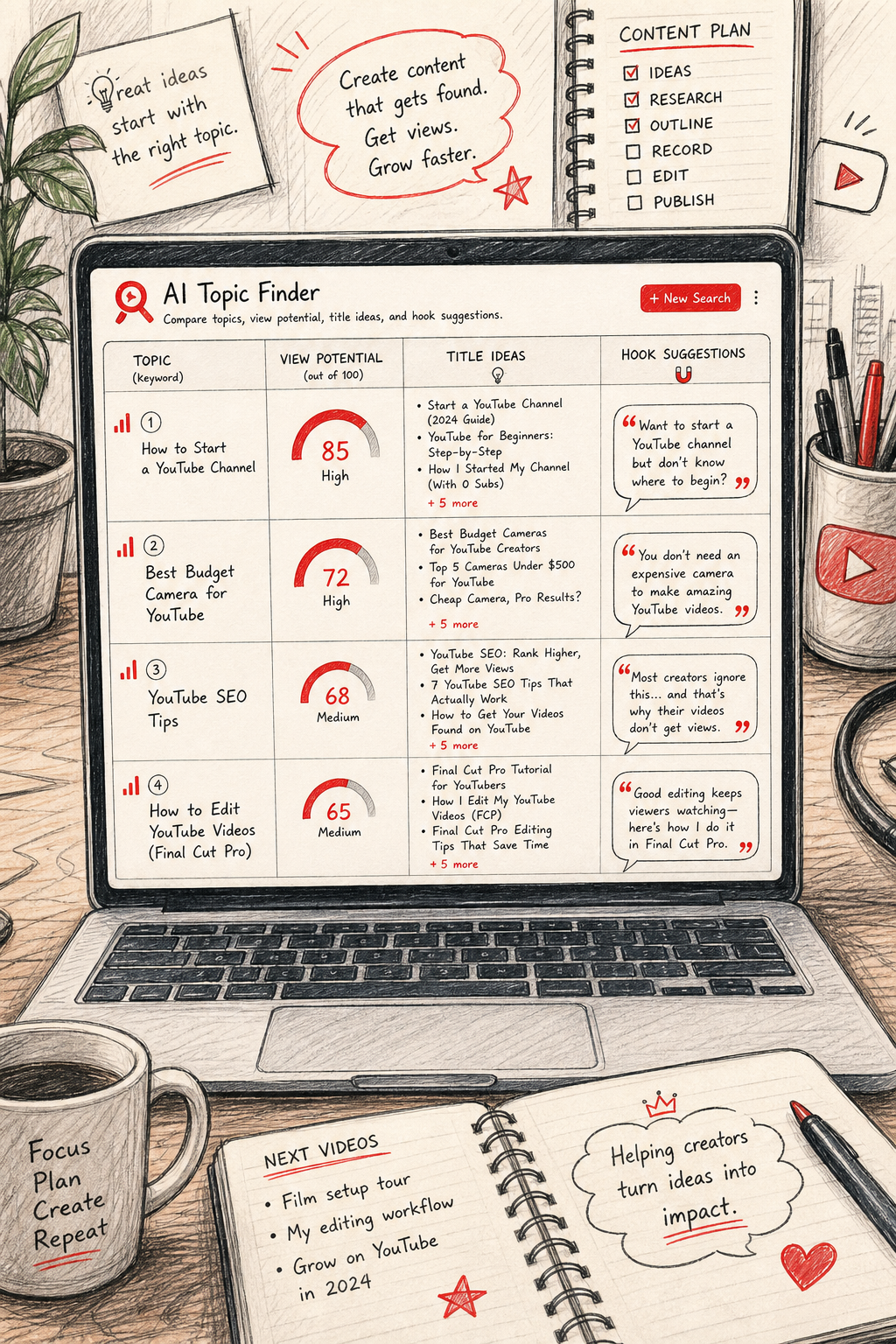 A doodle‑style sketch of a laptop displaying a table of video topics with icons for view potential, title ideas, and hoo