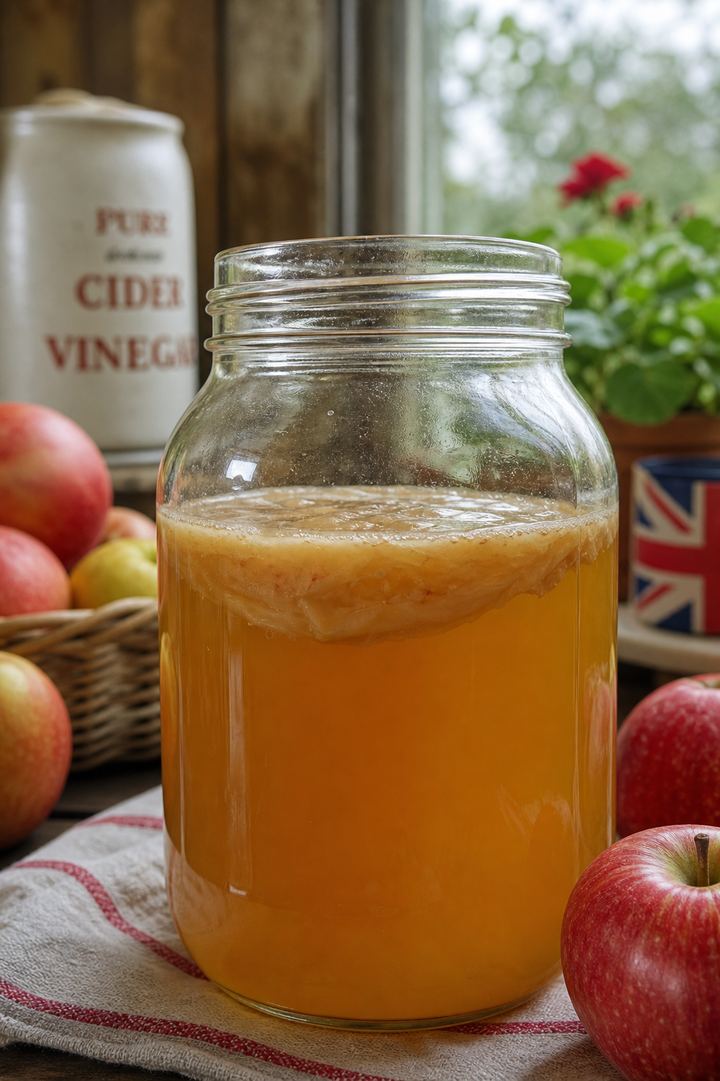 A close‑up of a clear glass jar filled with raw, unfiltered apple cider vinegar, showing the cloudy 