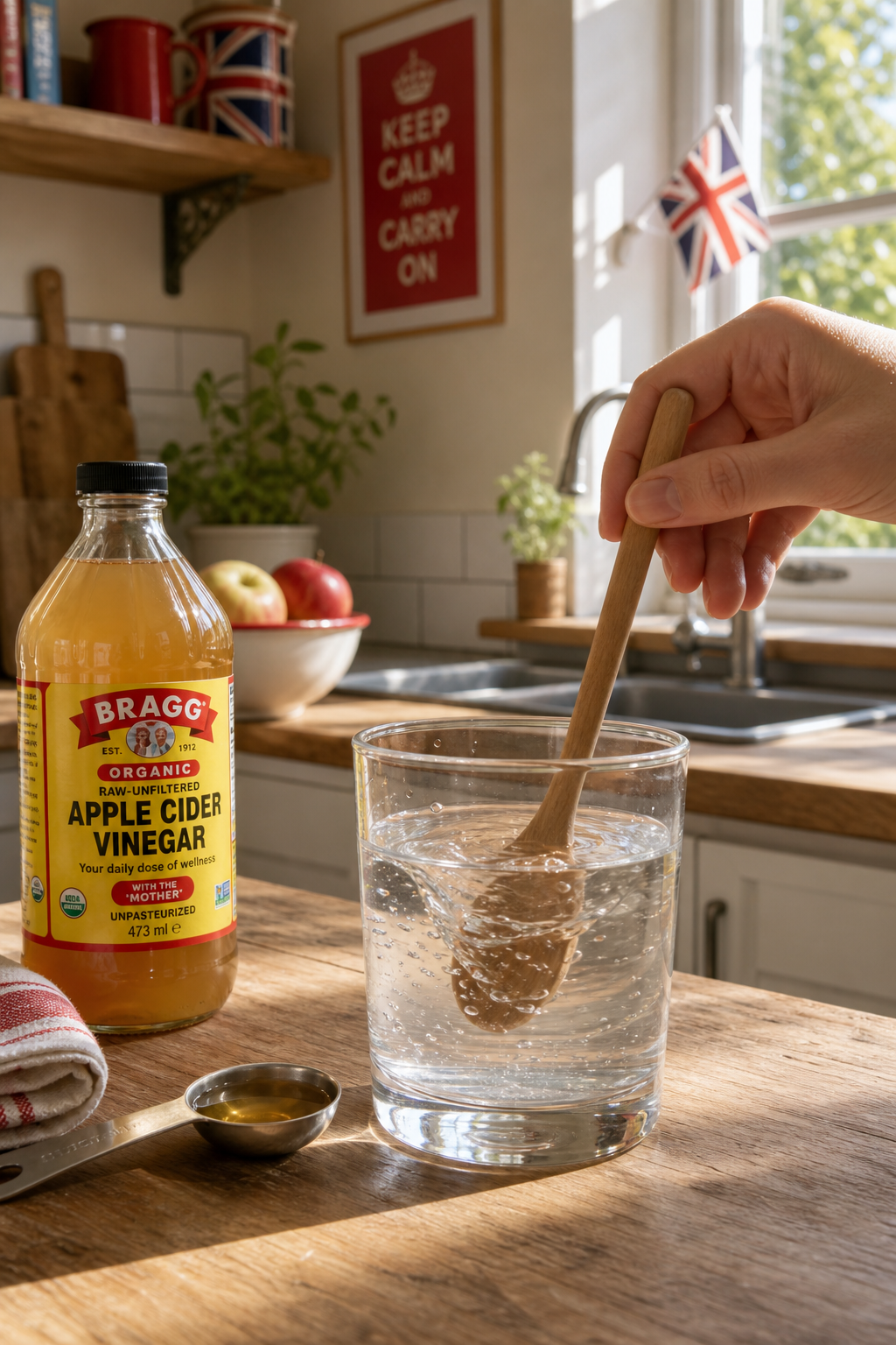 A bright kitchen scene with a wooden spoon stirring a glass of water mixed with a spoonful of raw apple cider vinegar, s