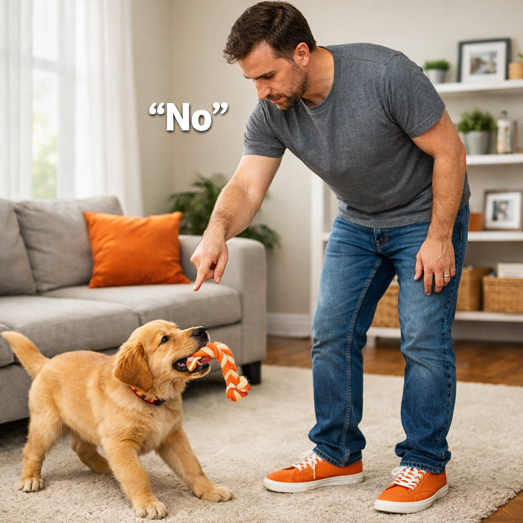 dog owner using a firm verbal cue to halt a biting puppy.