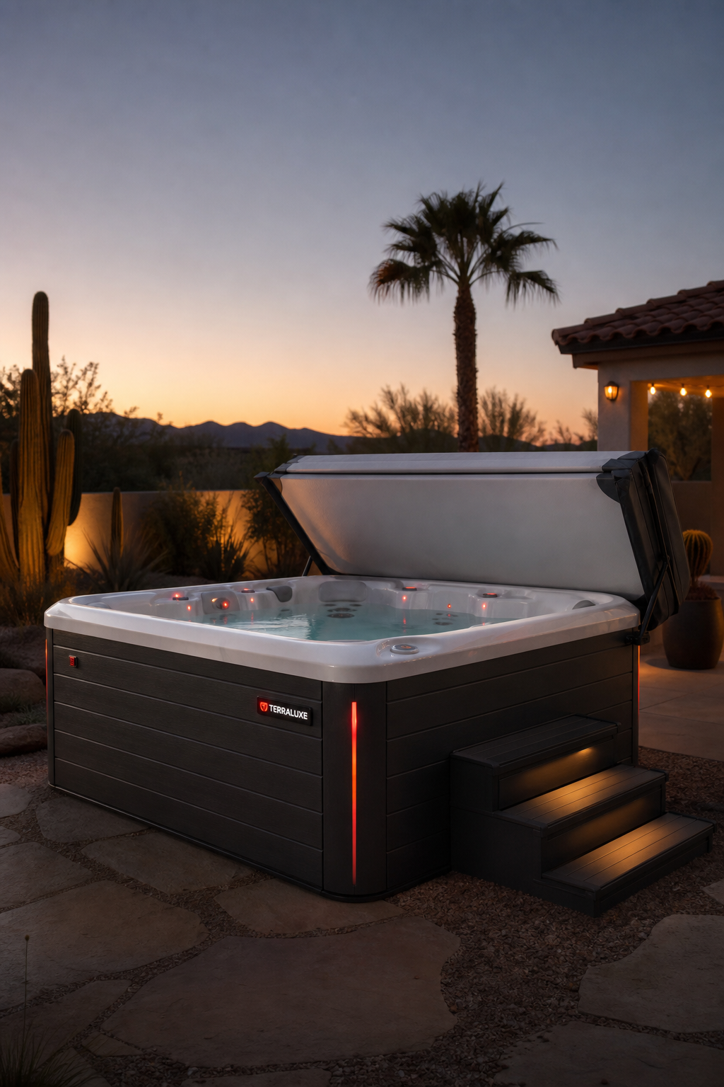 energy efficient hot tub with insulated shell and cover in a desert setting.
