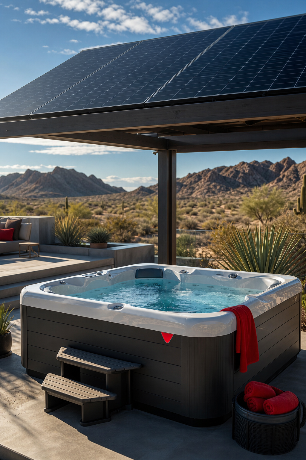 solar‑powered hot tub in a sunny backyard.
