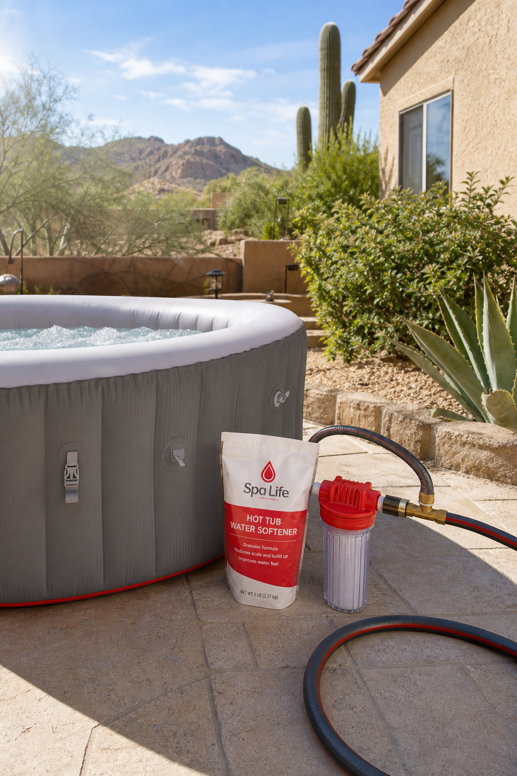 Granular hot tub water softener in desert setting
