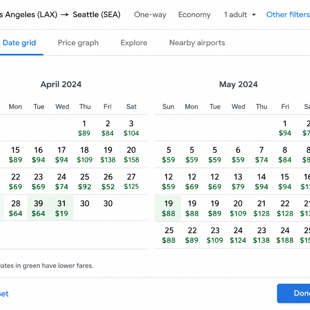 Google Flights one‑way price calendar visual