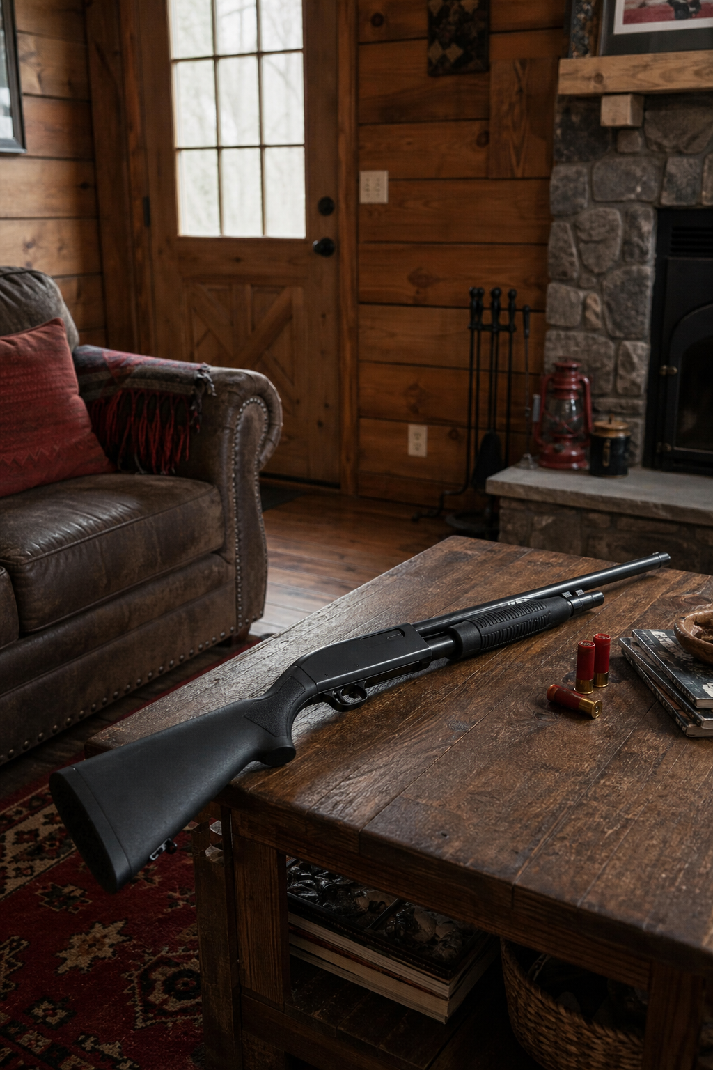 Classic pump-action home defense shotgun in a living room setting.