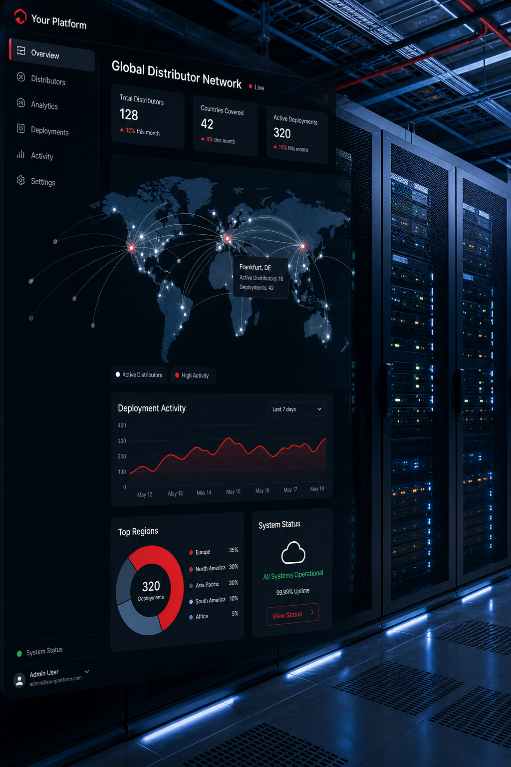 Scalable cloud platform visualizing worldwide network on a cloud server map.