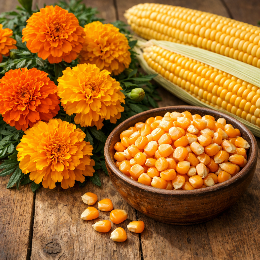A realistic close‑up of lutein-rich marigold flowers and zeaxanthin‑rich corn kernels on a wooden table, soft natural li