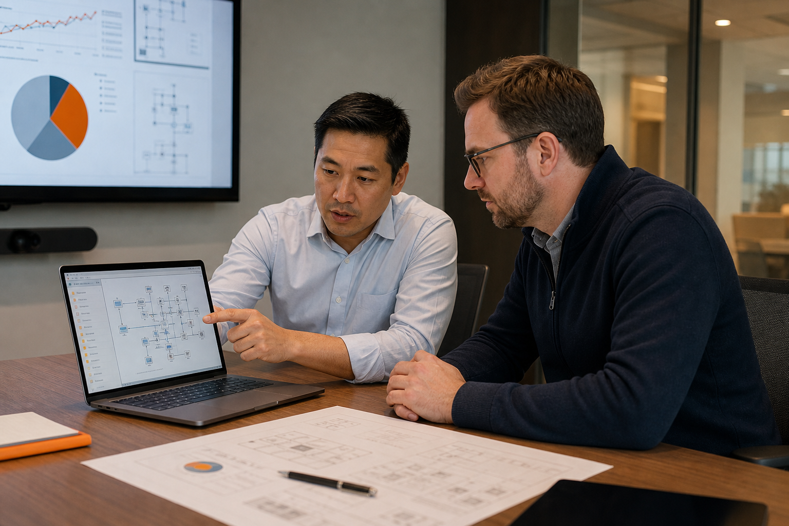 A realistic scene of a sales engineer and a client reviewing a complex network diagram on a laptop in a conference room,