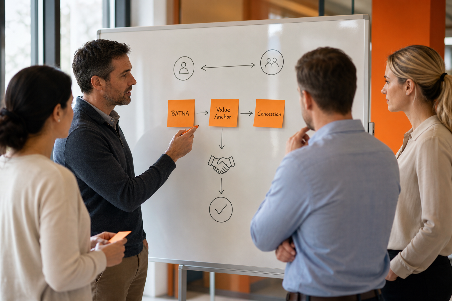A realistic illustration of a sales team gathered around a whiteboard, mapping out negotiation steps, with sticky notes 