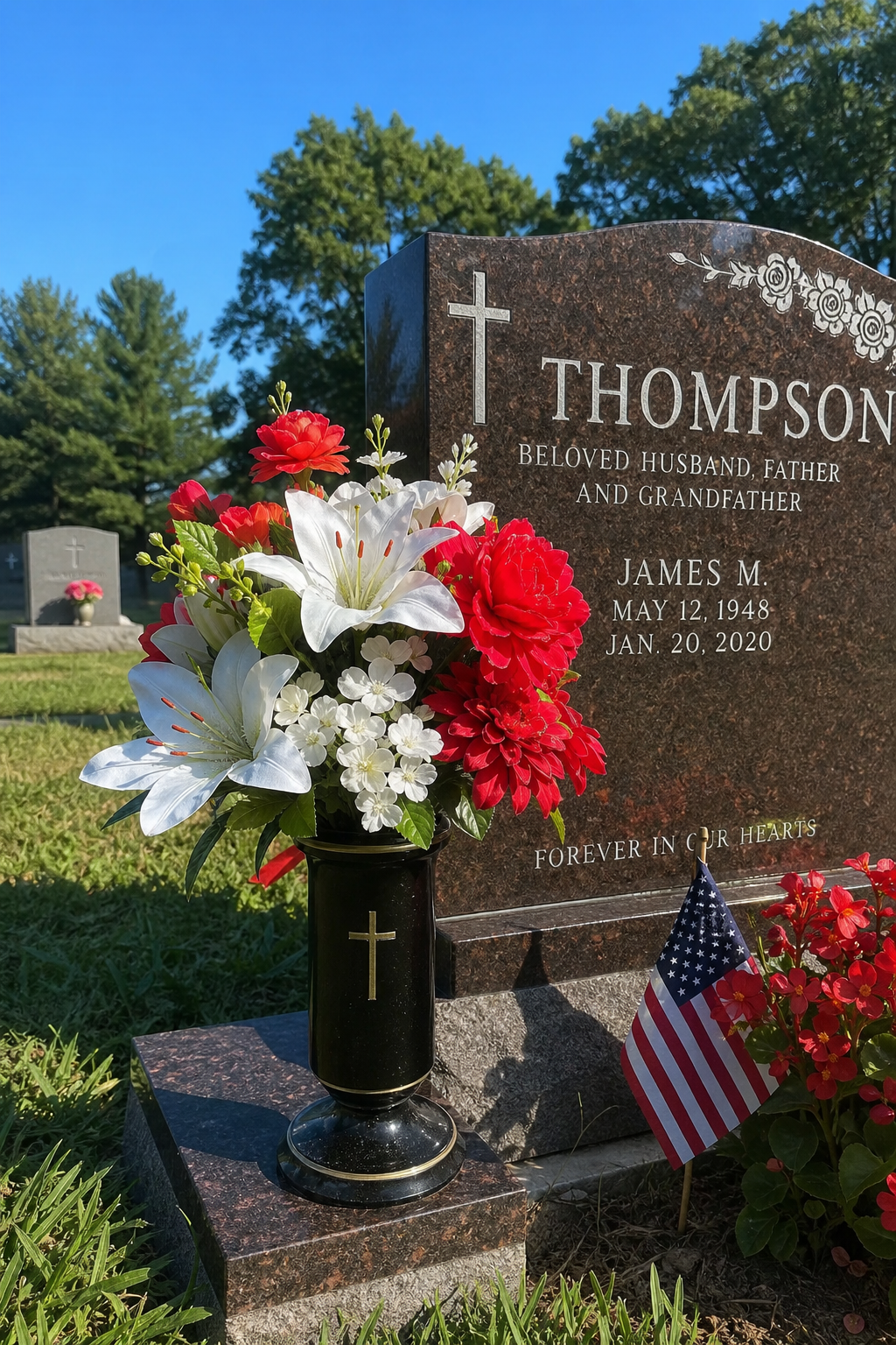 A realistic scene showing a UV‑resistant silk flower grave pot placed on a sunny cemetery plot, bright silk petals stand