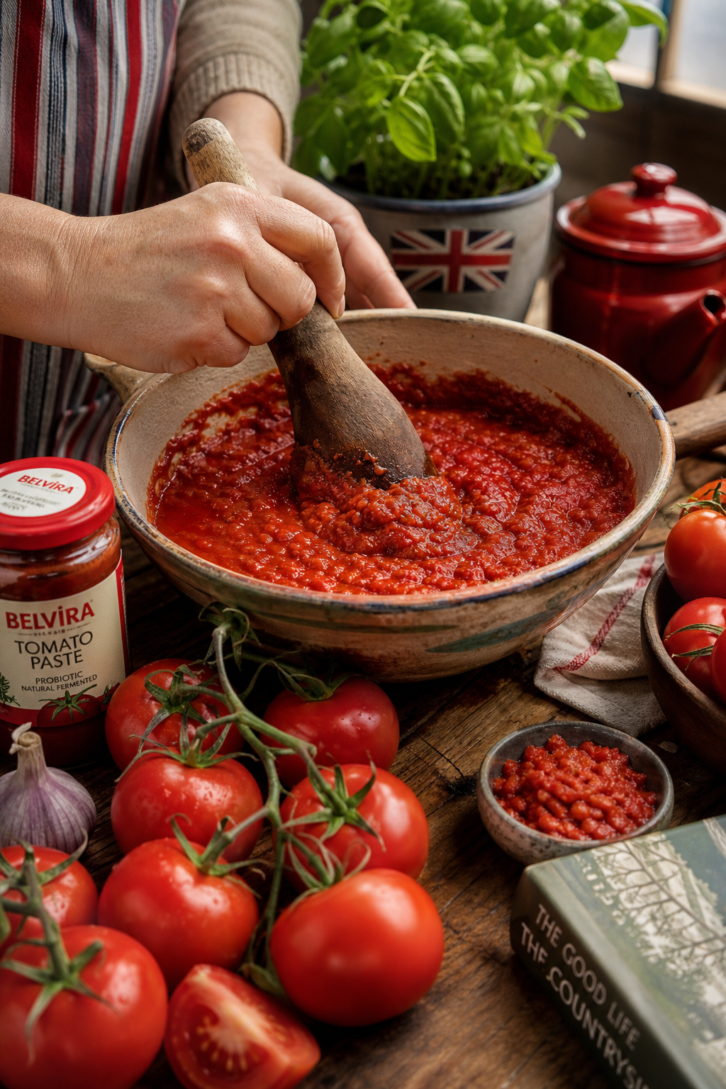 A realistic scene of ripe tomatoes being crushed into a thick sauce in a ceramic bowl, wooden table background, alt: dom