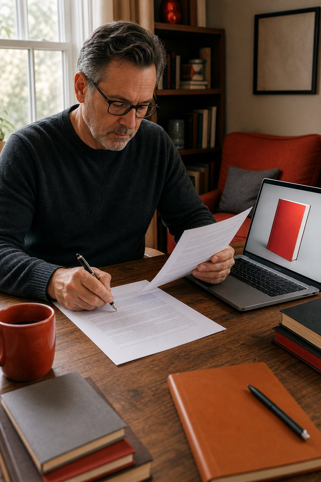 non-fiction author reviewing fixed-fee book pricing contract at desk.