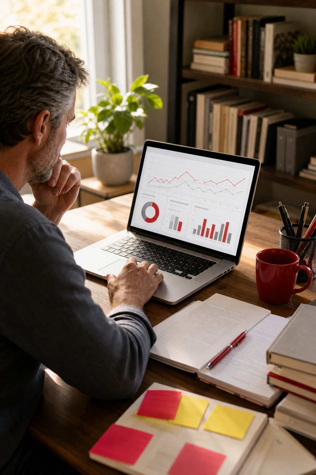 non-fiction book marketing consultant reviewing data-driven campaign results.