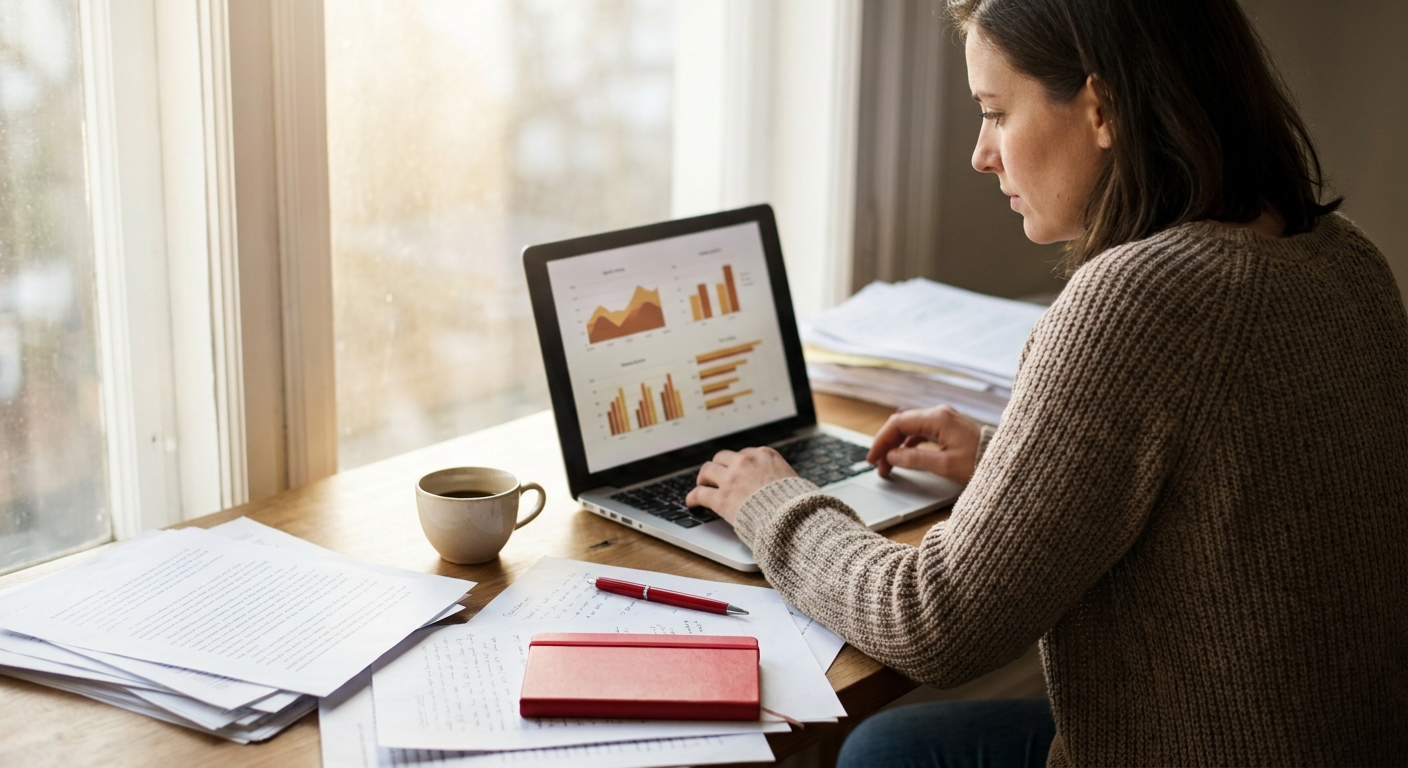 indie non-fiction author reviewing book marketing campaign data on laptop.