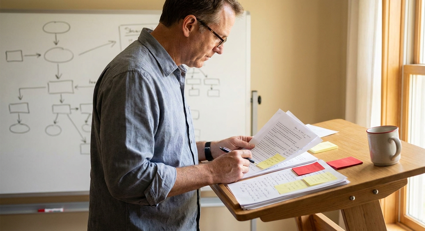 non-fiction author reviewing integrated brand building strategy documents at office desk.