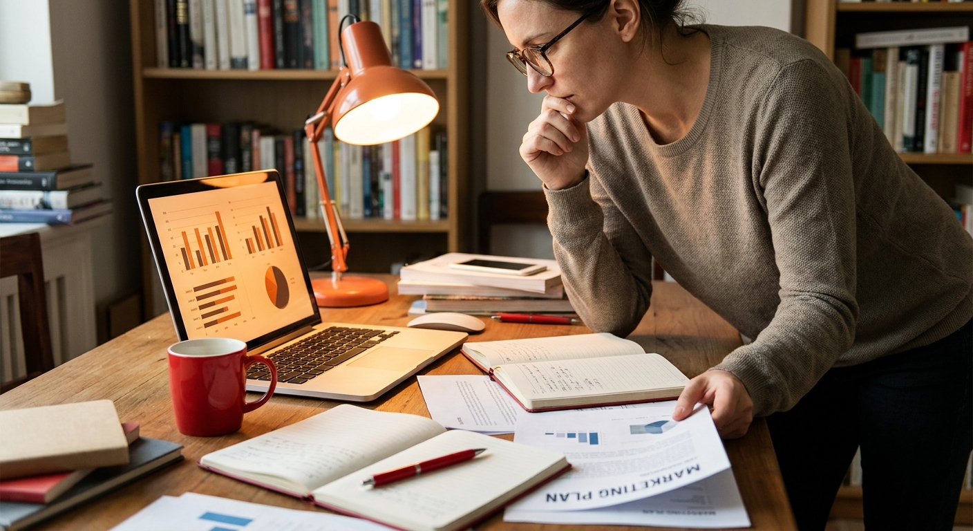 non-fiction book marketing freelancer reviewing campaign strategy at desk.