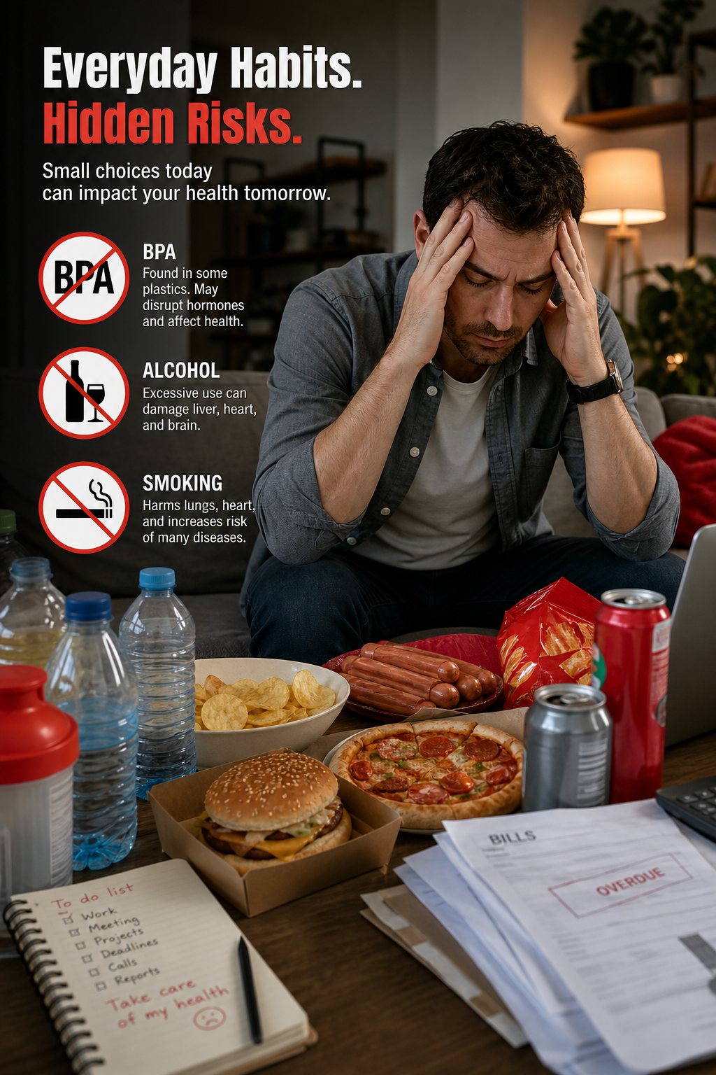 A realistic illustration of lifestyle hazards like plastic bottles, processed foods, and a stressed man, with icons for