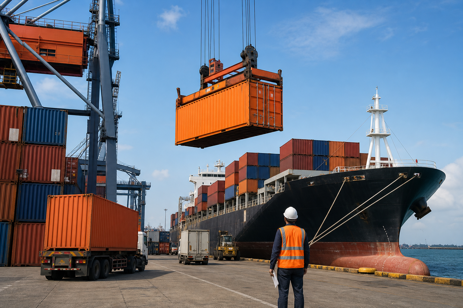 A photorealistic scene of a busy cargo terminal with stacked shipping containers, a crane loading a vessel, and a clear 