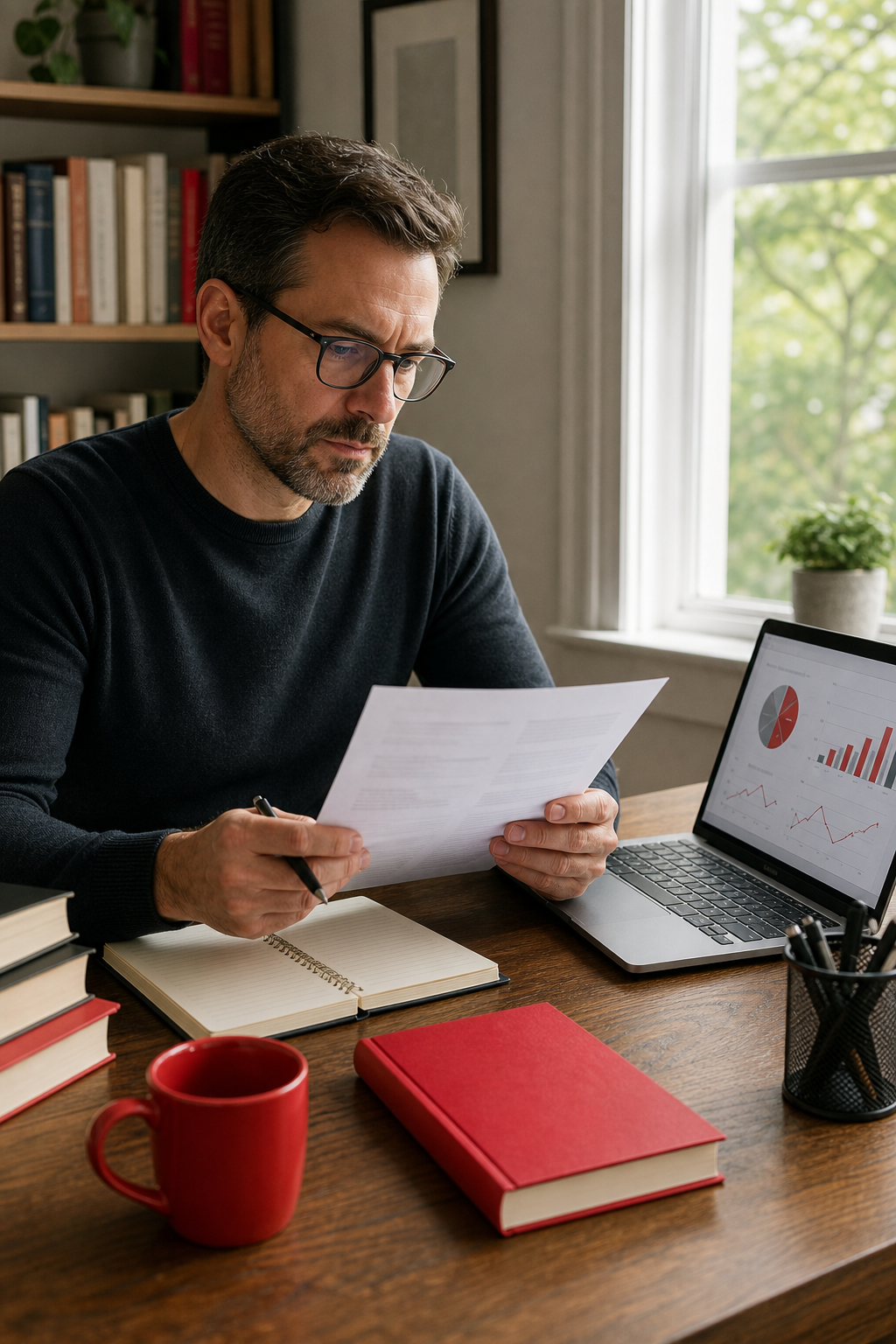 non-fiction author reviewing book launch service pricing packages at a desk.